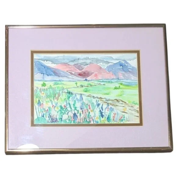 Framed Watercolor Landscape Painting Lavender Mat Rose-Gold Frame signed - Picture 1 of 15